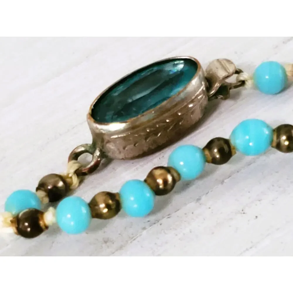 Vintage Czechoslovakia Blue Glass Graduated Bead Necklace with Crystal Box Clasp